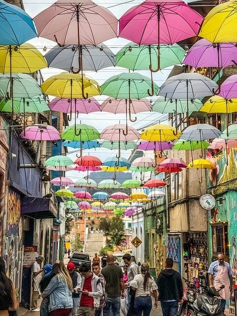 umbrellas, road, people, pueblo