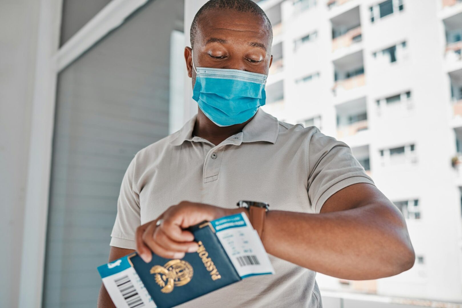 Covid, immigration and passport man with face mask for corona virus and travel restrictions or airp