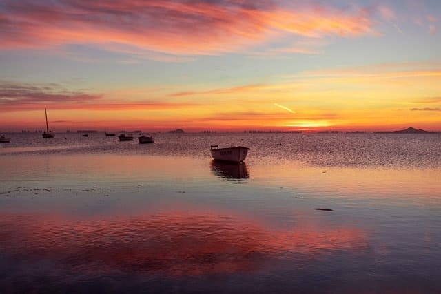 boat, sea, sunset, sunrise, landscape, nature, ocean, sky, clouds, reflection, mar menor, cartagena, colombia, murcia, spain, colombia, colombia, colombia, colombia, colombia